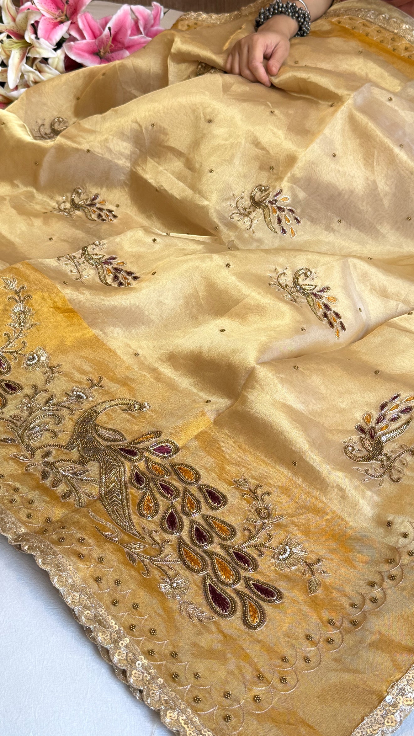 Satin tissue silk butter gold hand embroidered kadhwa banarasi saree